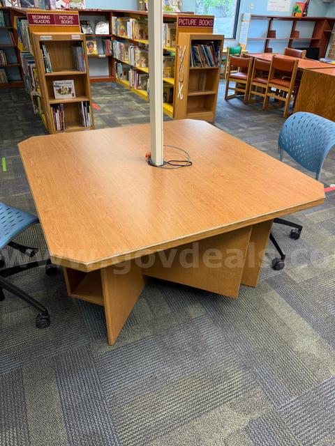 LOT 12 - FOUR STATION COMPUTER TABLE, SEVEN BOOK SHELVES, MOBILE EASEL BOARD