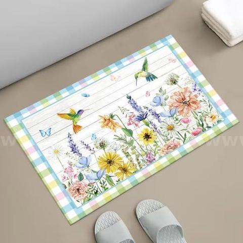 Brand New - Spring Floral Bathroom Mat for Decor, Hummingbird Bath Rug Non-Slip, 17x24 in - Shipping Available