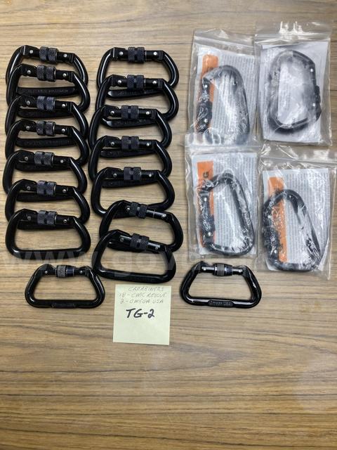USED LOCKING CARABINERS β 20 ITEMS (18 CMC RESCUE & 2 OMEGA USA (CLOSE-UPS OF MARKINGS INCLUDED)
