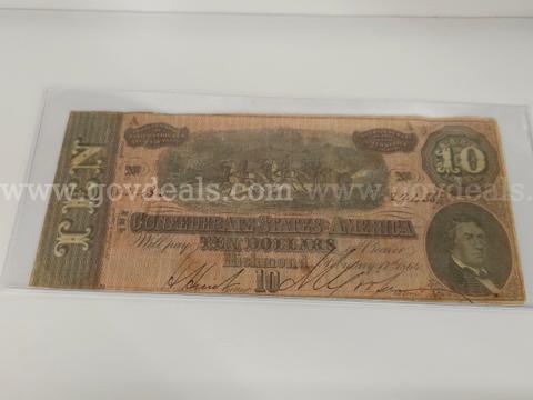 Rare 1860's $10 Confederate Civil War Bill Great Collectors Item