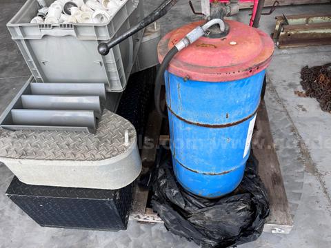 2-Toolboxes, Bin of PVC Fittings, Pressure Washer and Oil Barrel with Pump