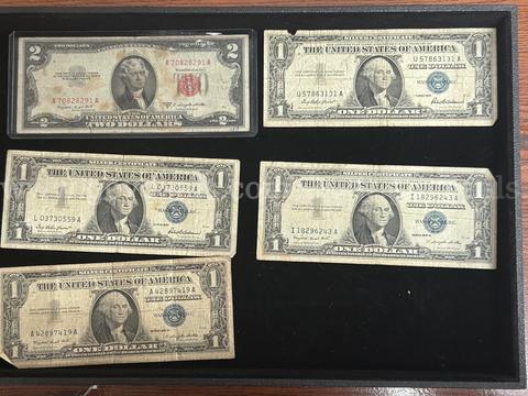 FIVE US CURRENCY NOTES, (1) SERIES 1963 RED SEAL TWO DOLLAR NOTE, (4) SERIES 1957 SILVER CERTIFICATE ONE DOLLAR BILLS