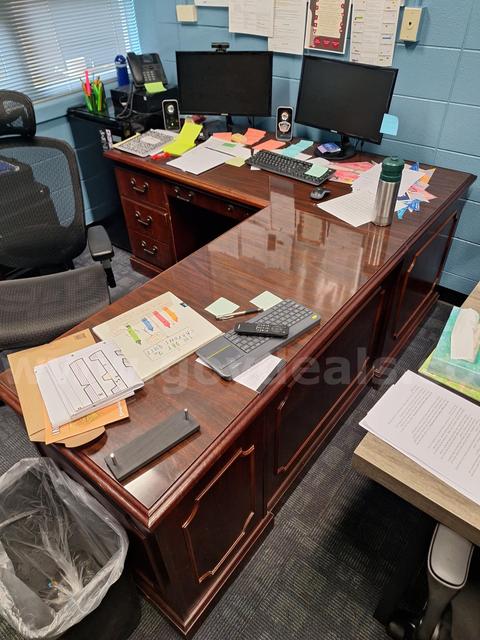Lot - Large Wooden L-Shaped Desk and Credenza
