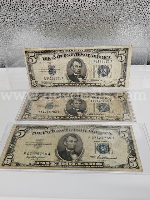 3 1934 $5 US Silver Certificate, Very Collectable Bills