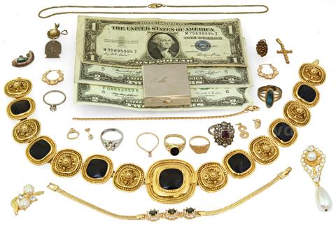 Estate Gold and Costume Jewelry Lot with Currency