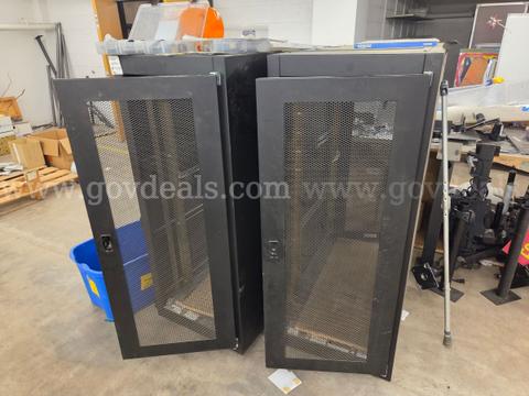 Two Floor-Standing IT Server Rack Enclosures with Locking Mesh Doors