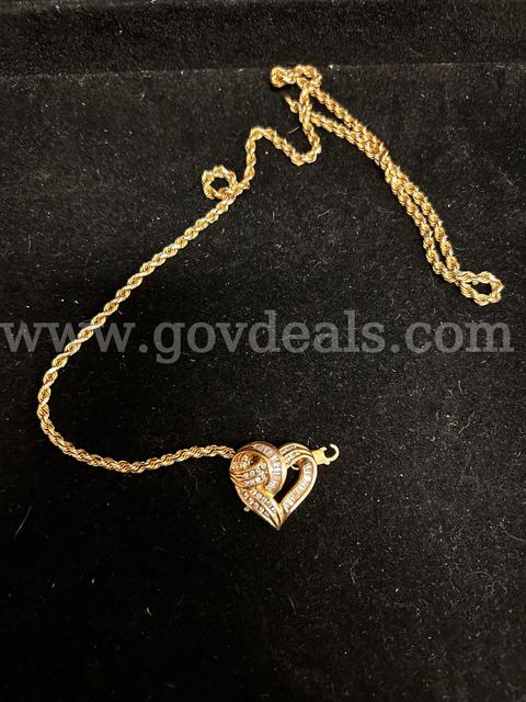 14K Marked Heart Pendant with Clear Stones and Gold-Tone Chain
