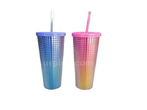 Lot of 12 24fl Ombre Iridescent Gride Tumbler with Lid and Straw Cup for Iced Coffee