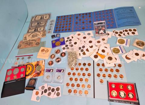 Large Lot of Currency, Coins, Baseball Card