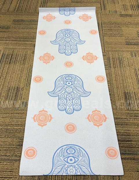 Hamsa Hand Print Yoga Mat - Blue & Orange Spiritual Evil Eye Design - White/Cream 68x24