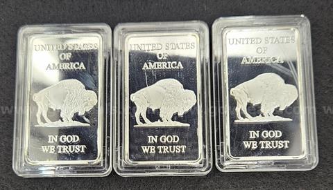 3 -Buffalo Liberty 1oz Silver Bars (Replicas)
