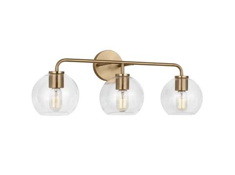 Brand New - 3-Light Satin Brass Modern Industrial Wall Bathroom Vanity Light with Clear Glass Shade - Shipping Available