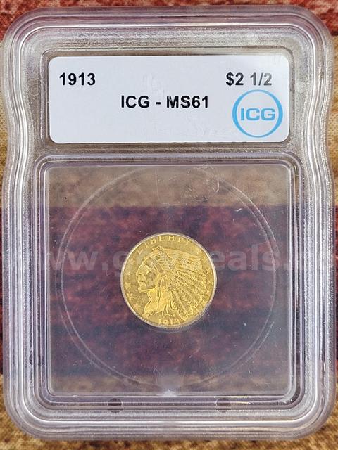Beautiful 1913 $2.50 Gold Quarter Eagle ICG MS61