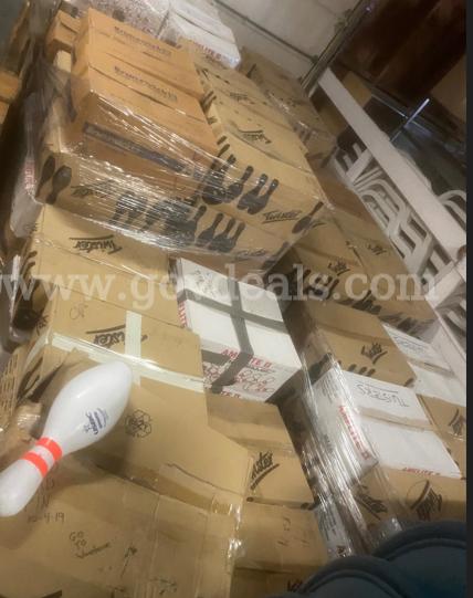 BOWLING PINS, USED, PALLET (24 BOXES) PLASTIC AND WOODEN
