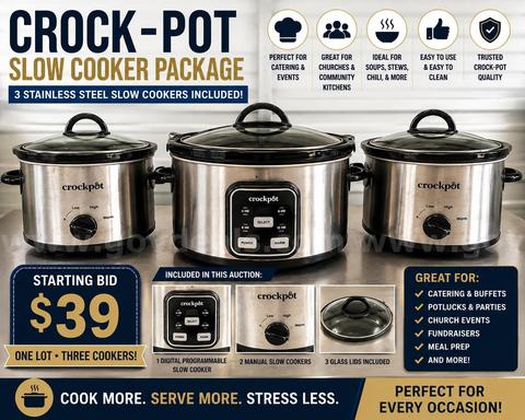 Lot of 3 Crock-Pot Slow Cookers β Stainless Steel Programmable & Manual Models
