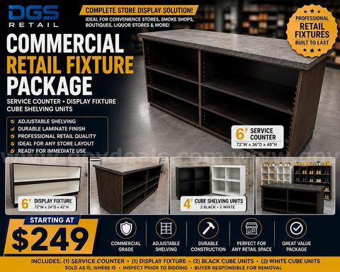 DGS Retail Commercial Store Fixture Package – Display Cabinets, Service Counter & Cube Shelving