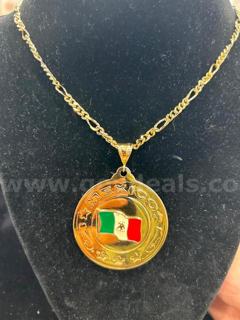 24k Gold, 22” Chunky Figaro Necklace w/ MEXICO Medallion. READ ⬇️