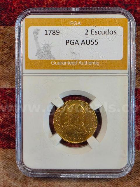 Stunning 1789 Spain Gold 2 Escudos .1905oz PGA Graded AU55