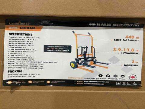 UNUSED LANDHONOR 440 LB PALLET TRUCK DOLLY LIFT MODEL LHR-FL440; APPROX LOAD CAP 440 LBS; APPROX LIFTING HEIGHT 3.9 -13.