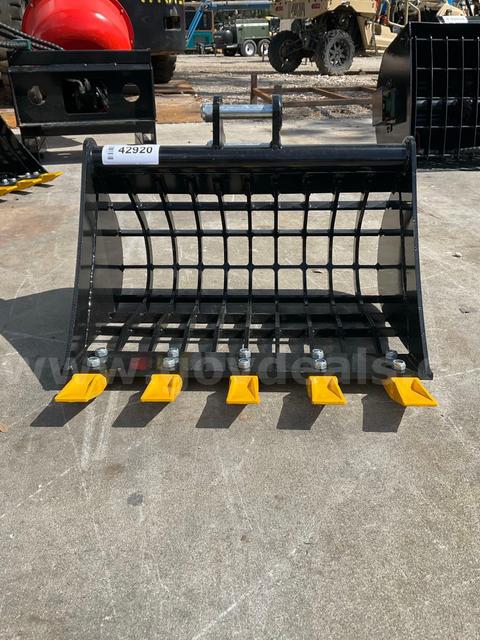 UNUSED ROCK BUCKET WITH TEETH ATTACHMENT FOR MINI EXCAVATOR, APPROX 23in