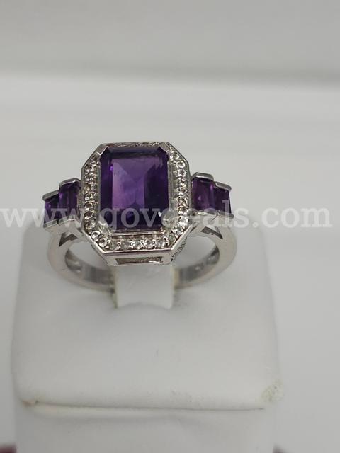 Solid Sterling Silver Ladies Ring with Genuine Amethyst Stone  Size 7