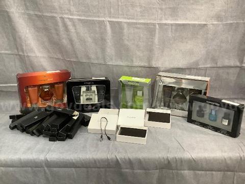 Large Lot of 5 Cologne, 6 Wallets and a Bunch of Charging Cables
