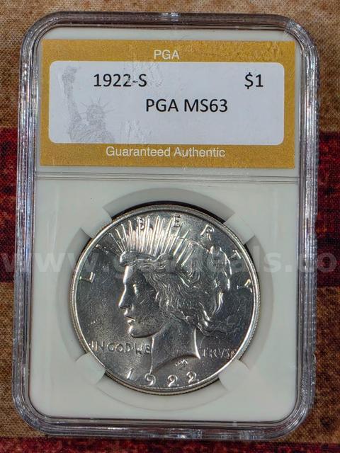 Stunning 1922-S Peace Silver Dollar PGA Graded MS 63