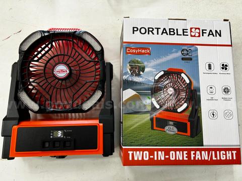 FREE SHIPPING - Factory Sealed Rechargeable Camping Fan with LED Light & Power Bank – 4-Speed Battery Operated Work Fan