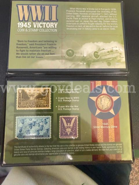 WWII 1945 Victory Coin & Stamp Collection – 90% Silver Mercury Dime
