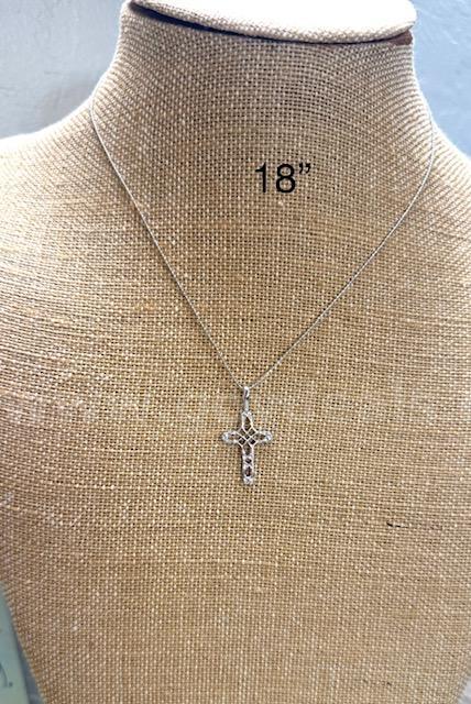 18 Inch, Rhodium (Silver), Beaded Necklace, W/Filigree Cross
