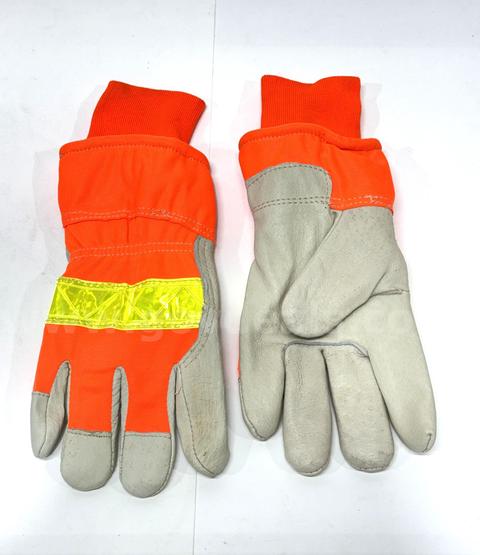 Brand New - 12 Pairs - Leather Hi-Vis Insulated Safety Gloves, Orange, Size Medium - Shipping Available