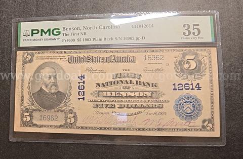 Very Rare 1902 Benson NC Note, PMG 35 Choice Very Fine grade