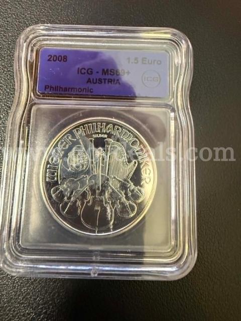 2008 Austria Silver Philharmonic 1.5 Euro 1 Oz .999 ICG MS69+ First Year-FREE SHIP!