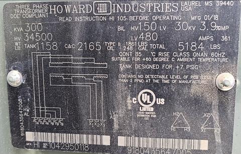 (4) Howard Industries 300 KVA liquid filled pad mounted transformers