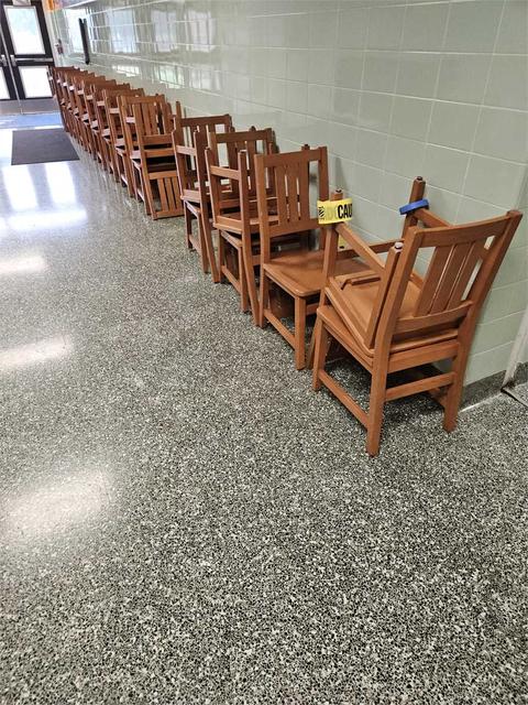 3 tables and 25 wooden chairs