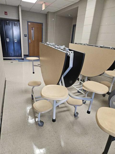 Five 60" round folding tables with seats