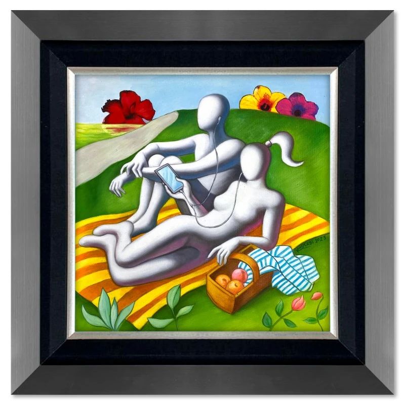 Mark Kostabi, "Blossoming Connection" Framed Original Oil Painting on Canvas, Hand Signed with COA — photo 1