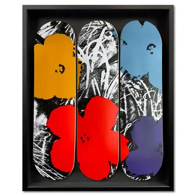 Warhol (1928-1987), "Flowers - Grey/Red" Framed Limited Edition Skateboard Triptych, Plate Signed with LOA - photo 1