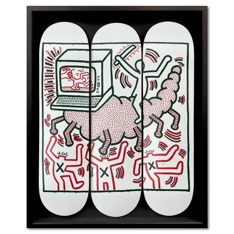 Keith Haring (1958-1990), "Centipede" Framed Skateboard Triptych, Plate Signed with LOA - photo 1