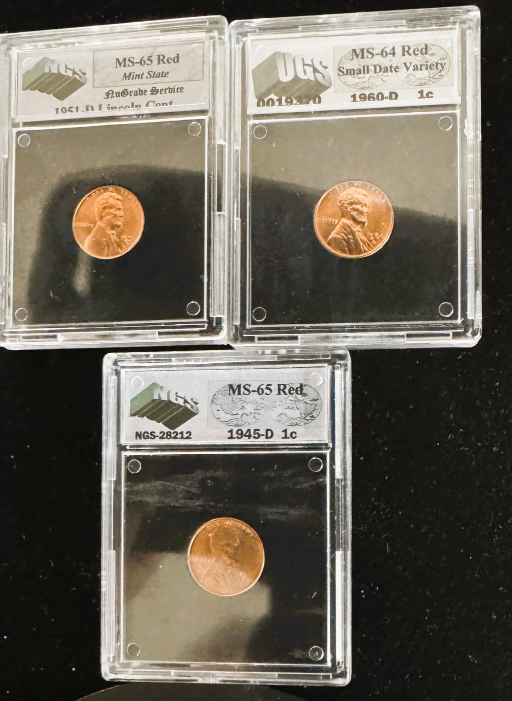 GRADED LINCOLN CENTS IN SLABS, 1945-D MS-65 RED, 1951-D MS-65 RED MINT STATE, 1960-D MS-64 RED SMALL DATE — photo 1