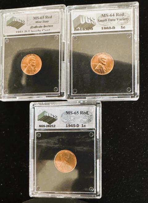 GRADED LINCOLN CENTS IN SLABS, 1945-D MS-65 RED, 1951-D MS-65 RED MINT STATE, 1960-D MS-64 RED SMALL DATE