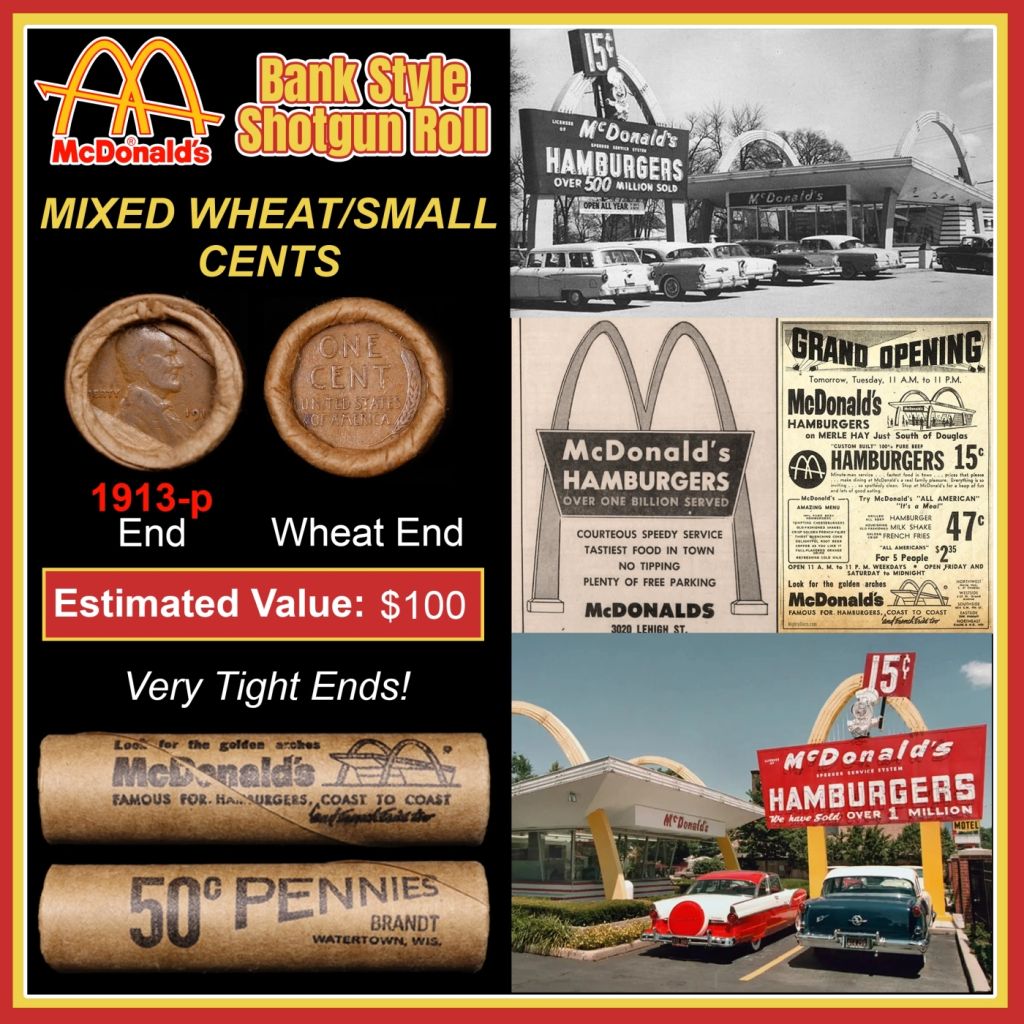 Lincoln Wheat Cent 1c Mixed Roll Orig Brandt McDonalds Wrapper, 1913-p end, Wheat other end — photo 1