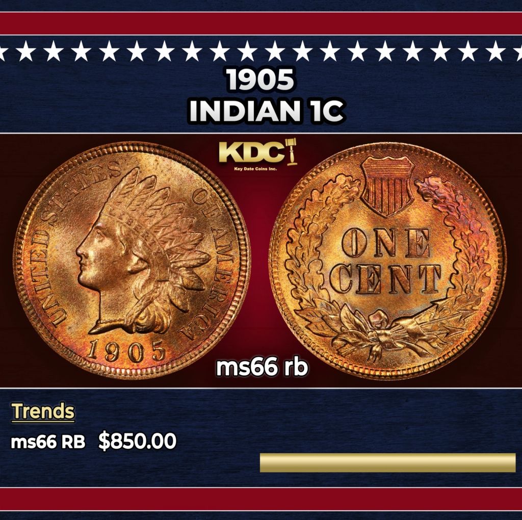 1905 Indian Cent 1c Grades ms66 rb — photo 1