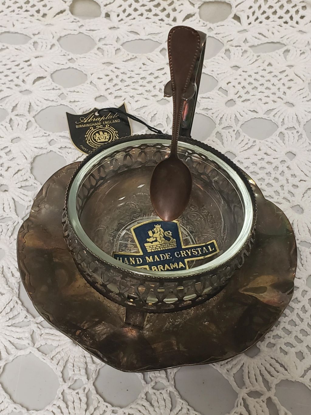 Vintage Abraplate Birmingham Silver Plate Glass Bowl w/ Tongs Spoon - England — photo 1