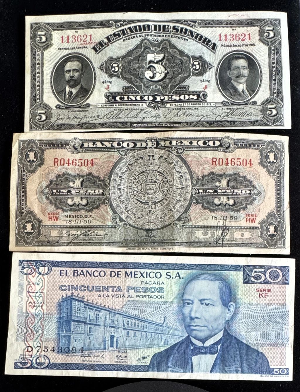 3 VARIOUS MEXICO NOTES INCLUDING 1915 5 PESOS CRISP BU, ALL IN PROTECTIVE SLEEVES — photo 1