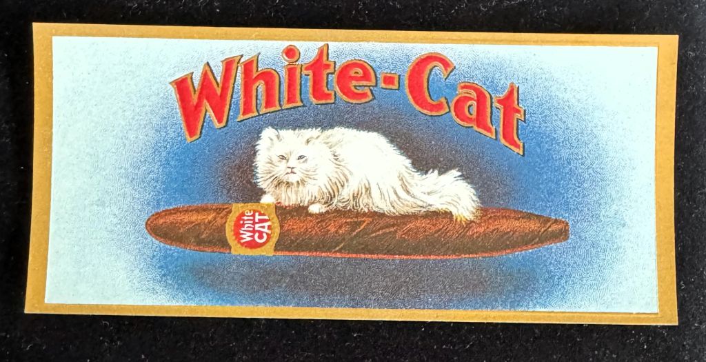 1920"s VINTAGE WHITE CAT CIGAR LABEL, GEM LUSTER IN PLASTIC HOLDER — photo 1