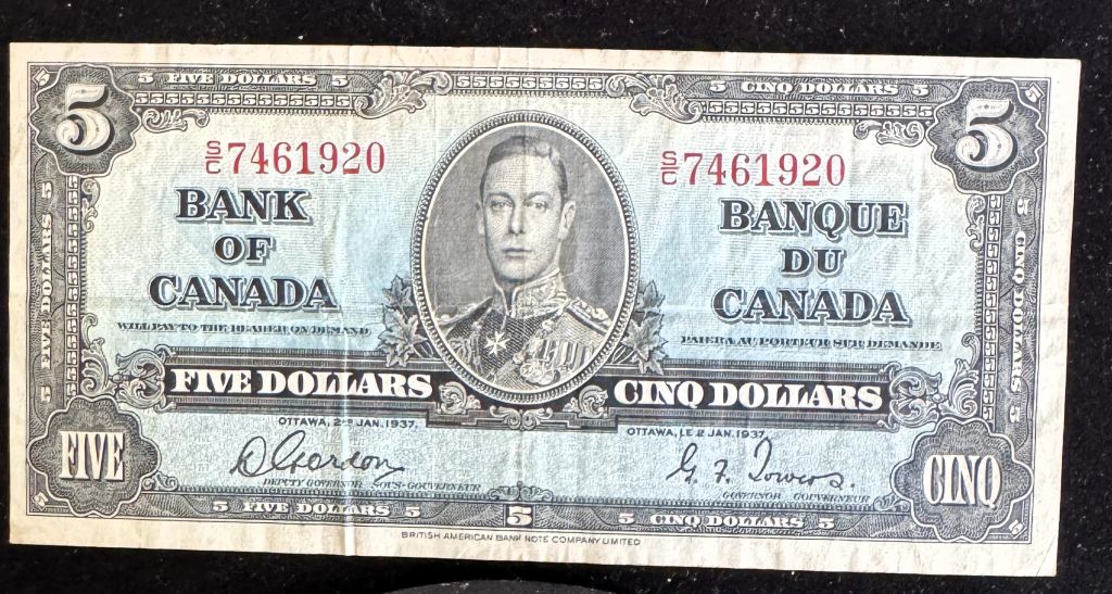 1937 CANADA $5 DOLLAR, COYNE/TOWERS S/C, IN PROTECTIVE SLEEVE - photo 1