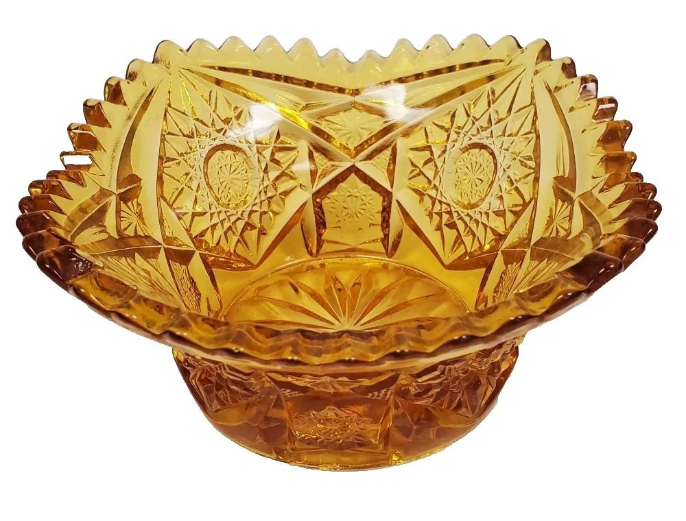 Vintage USA 1970's L E Smith Sunflower Sunburst Sawtooth Edge Sunburst Amber Dish - photo 1
