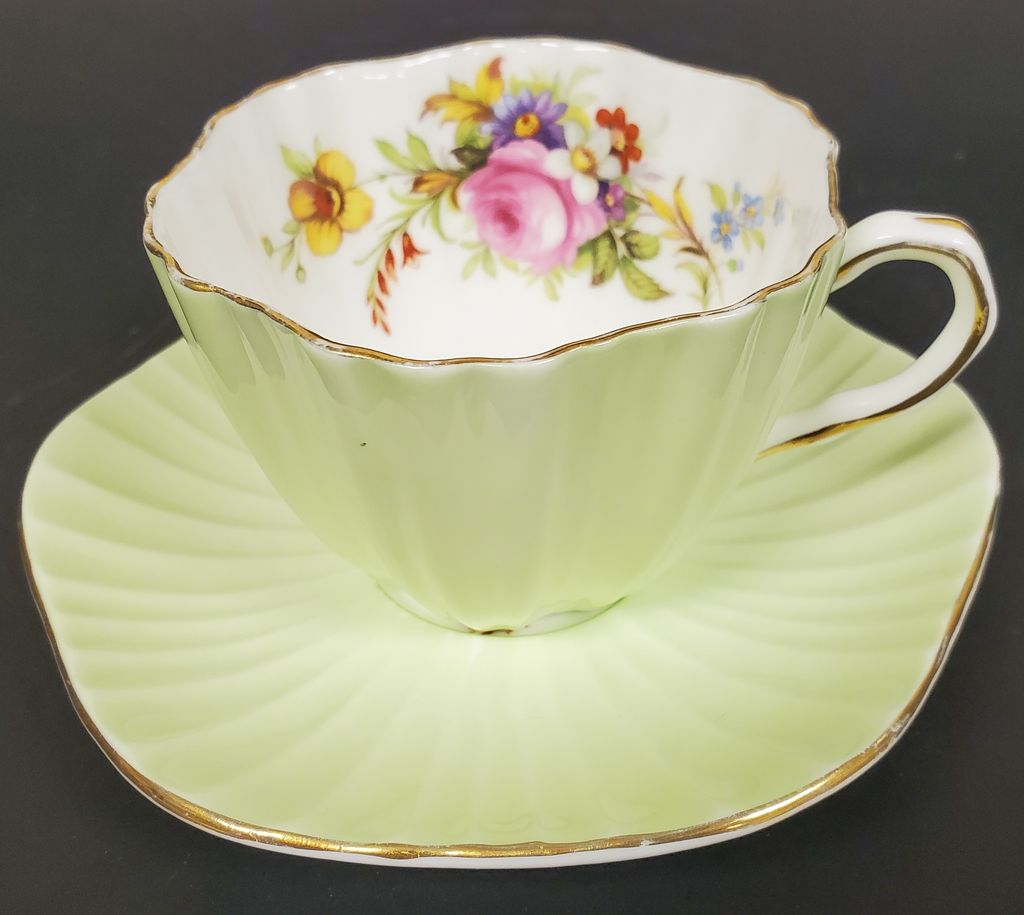 Vintage 1948 - 63 EB Foley Scalloped Bone China Pastel Green Tea Cup and Saucer - photo 1