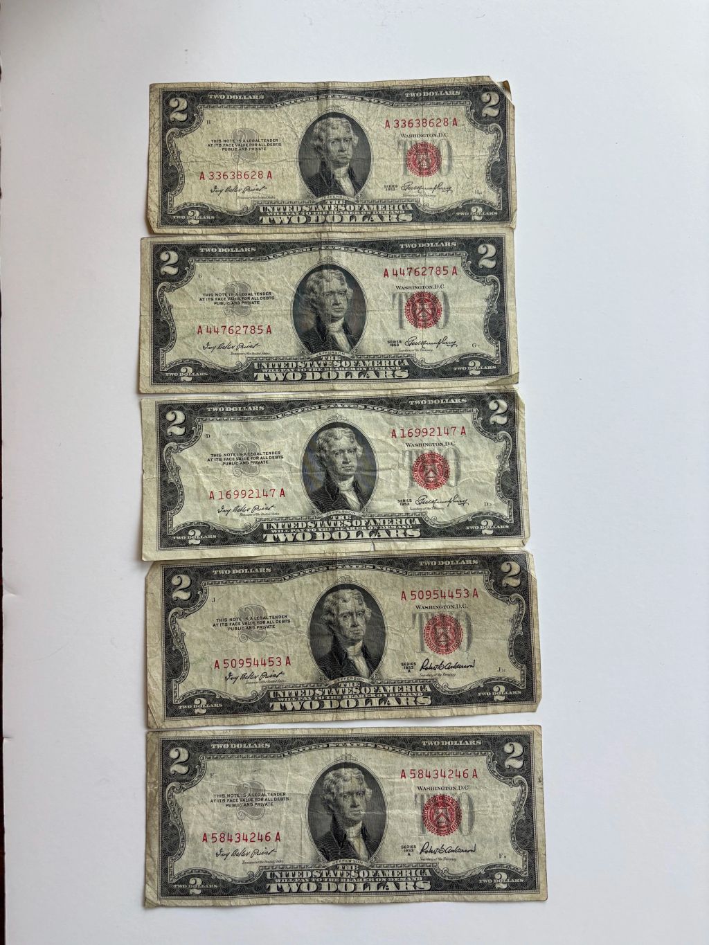 Lot of 5 1953 $2 Red Seal Bills - photo 1